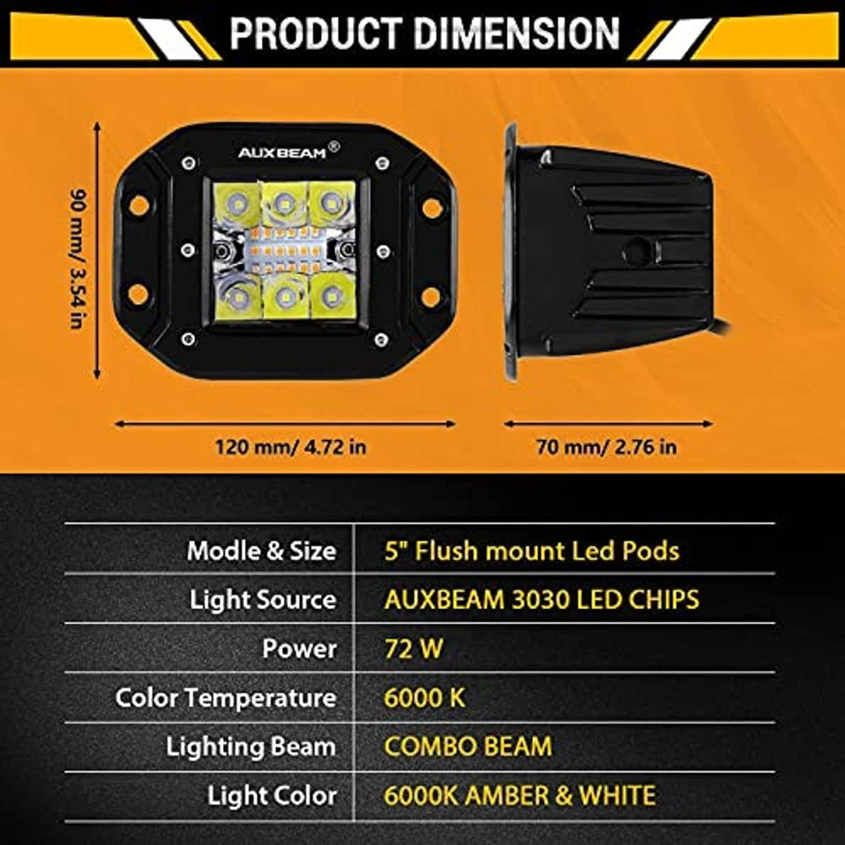 LED pod light size and spec diagram: 5-inch flush mount and 72W power