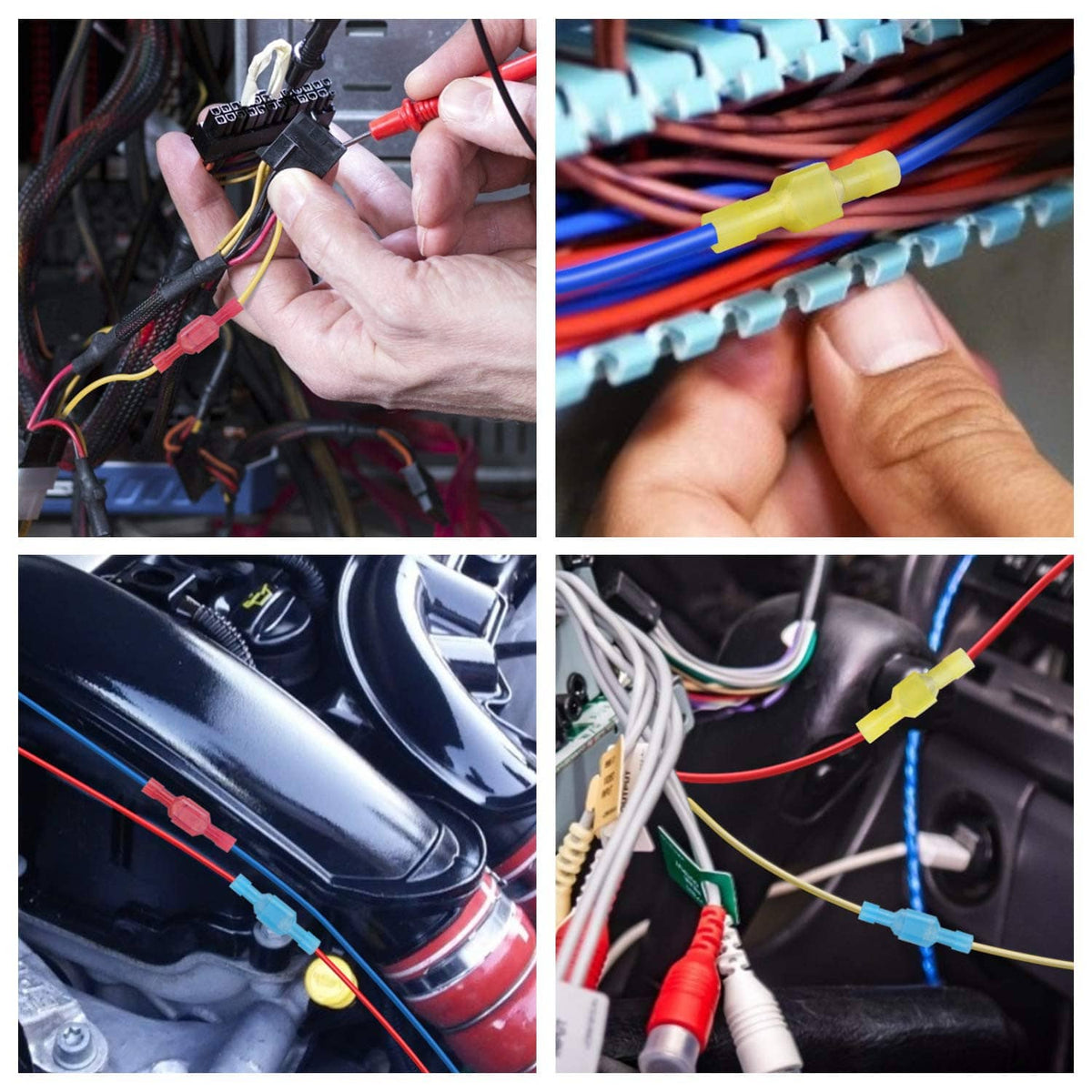 Quick disconnect wire terminals shown being inserted, with red, blue, and yellow connectors