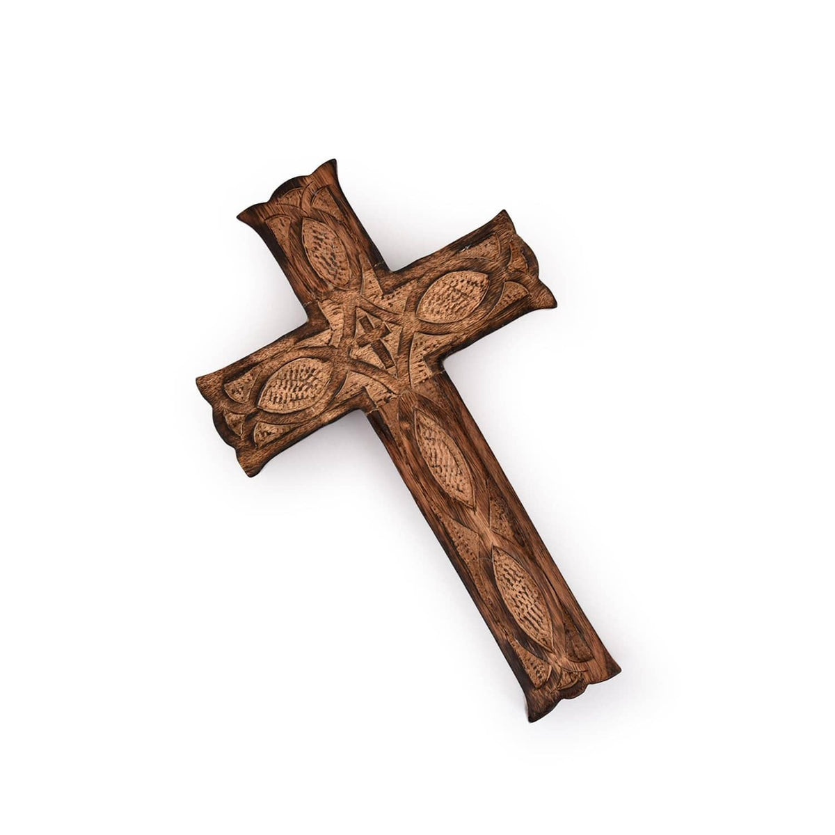 Carved wooden wall cross with dark brown finish, angled side view