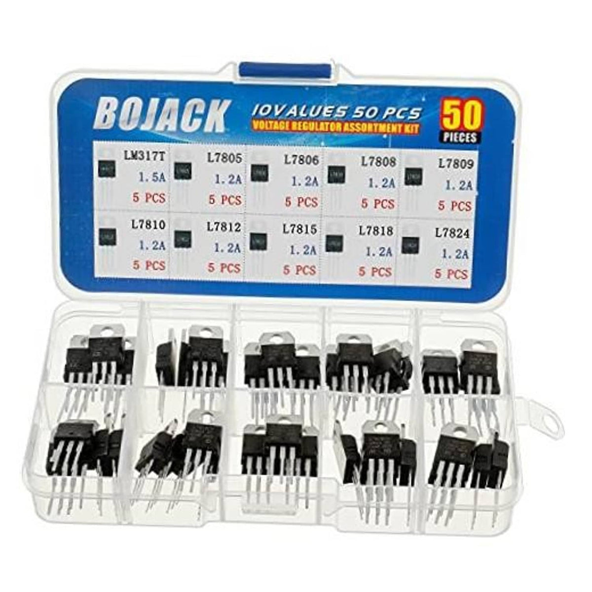 Voltage regulator assortment kit 50 pcs, open organizer tray with black regulator ICs