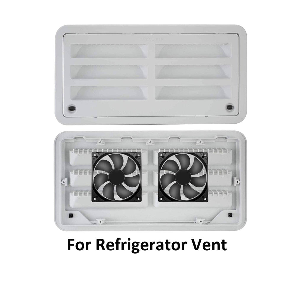 Refrigerator vent fan housing with two black 12V square fans