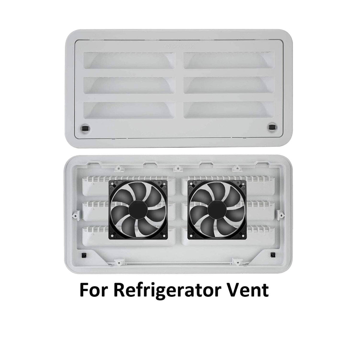 Refrigerator vent fan housing with two black 12V square fans