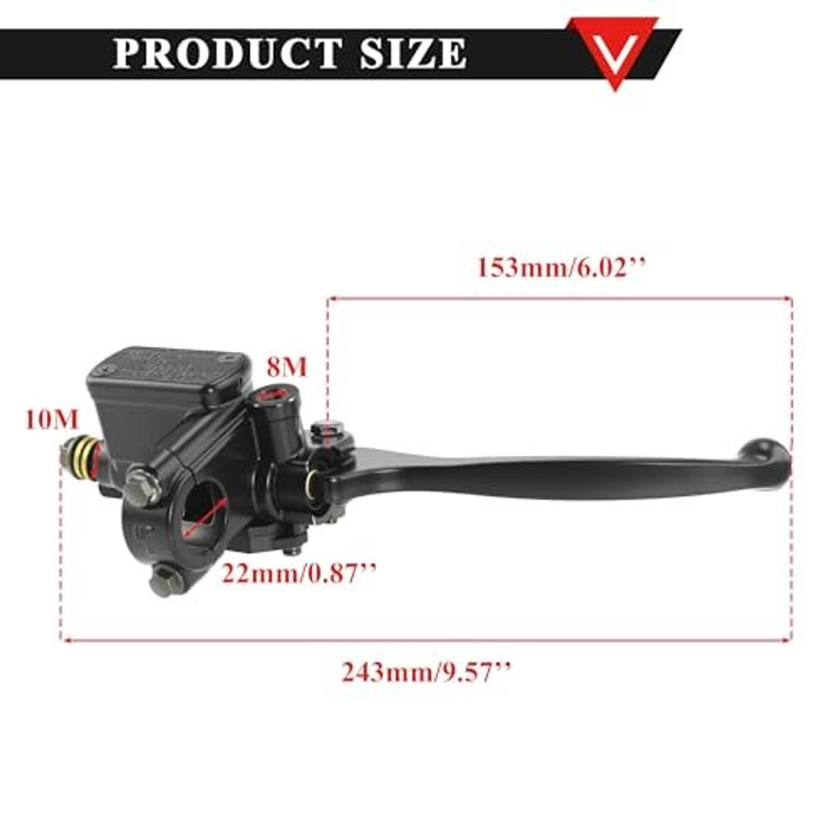 Brake master cylinder lever pump with black lever and front reservoir, size diagram shown