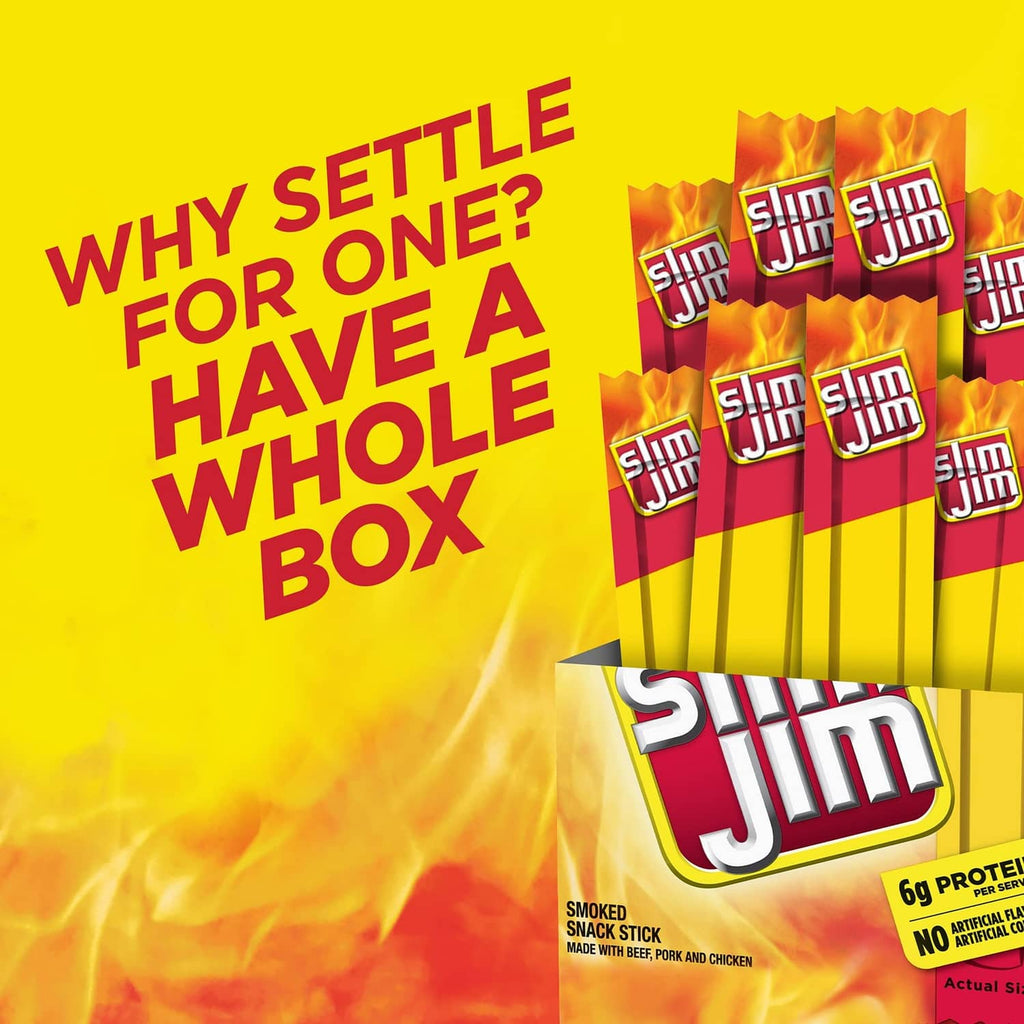 Slim Jim Original snack size smoked meat sticks box with 26 count and 6g protein highlight