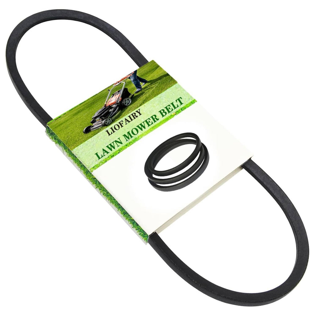 Lawn mower drive belt in green and white retail package, black rubber belt loop.