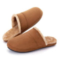 Tan fuzzy scuff house slippers with sherpa-style lining and low-profile sole