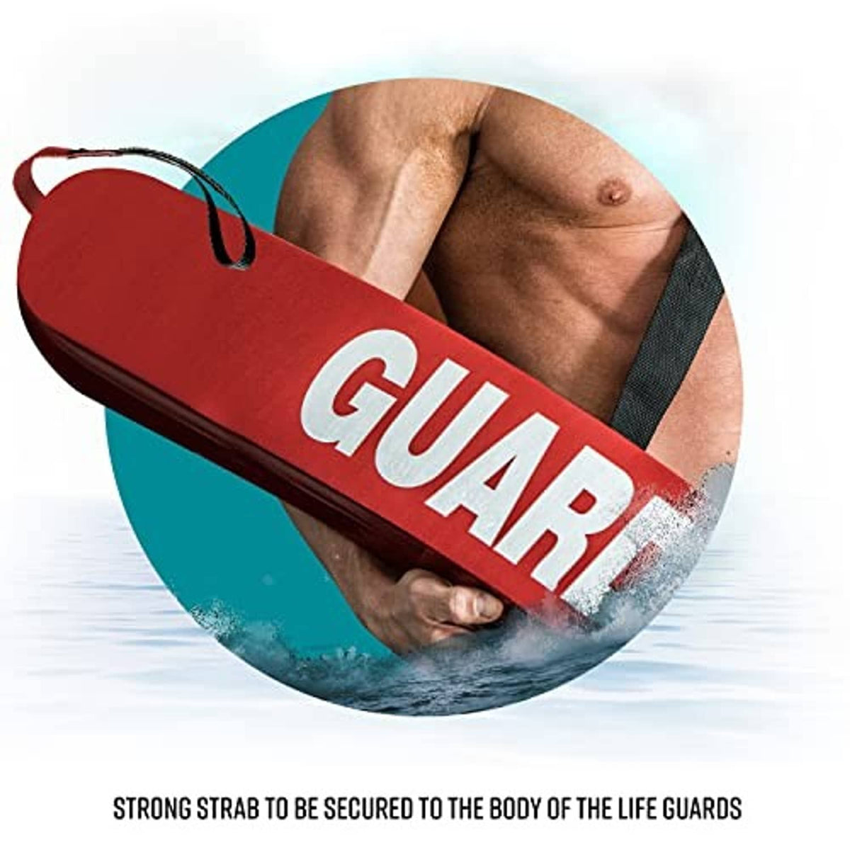 Red GUARD rescue tube held by swimmer with black securing strap