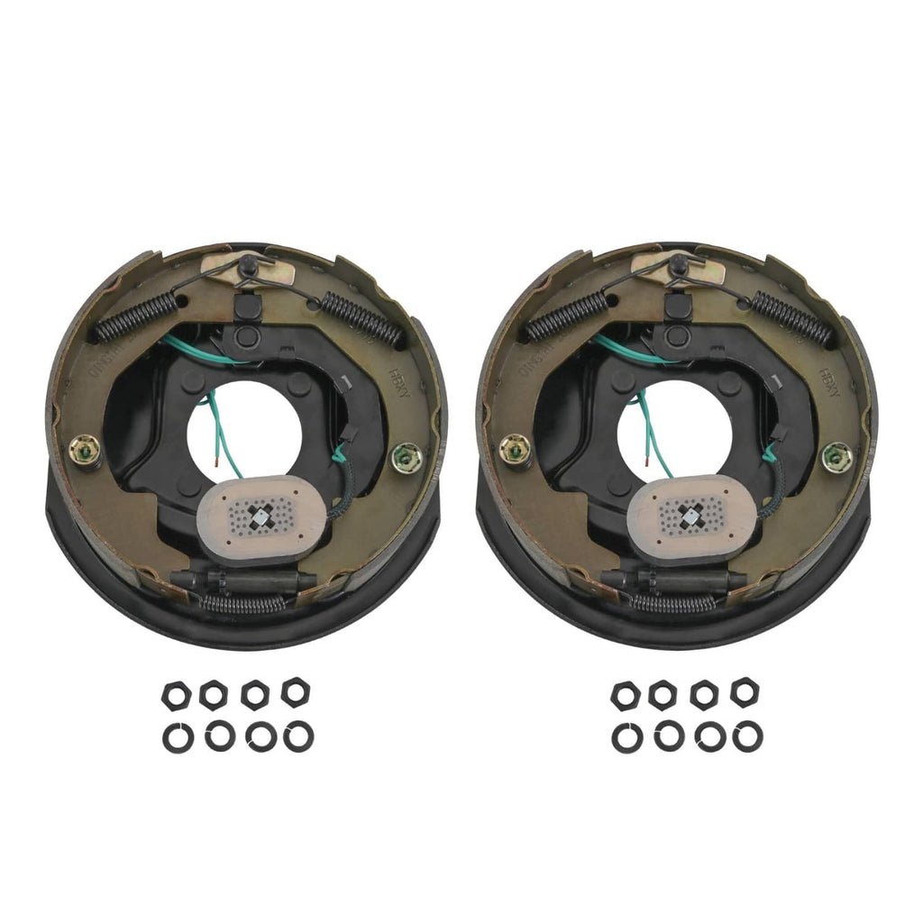 Electric trailer brake assembly pair with bolt hardware, backing plates with magnet actuator
