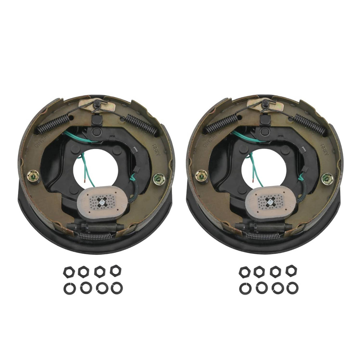 Electric trailer brake assembly pair with bolt hardware, backing plates with magnet actuator