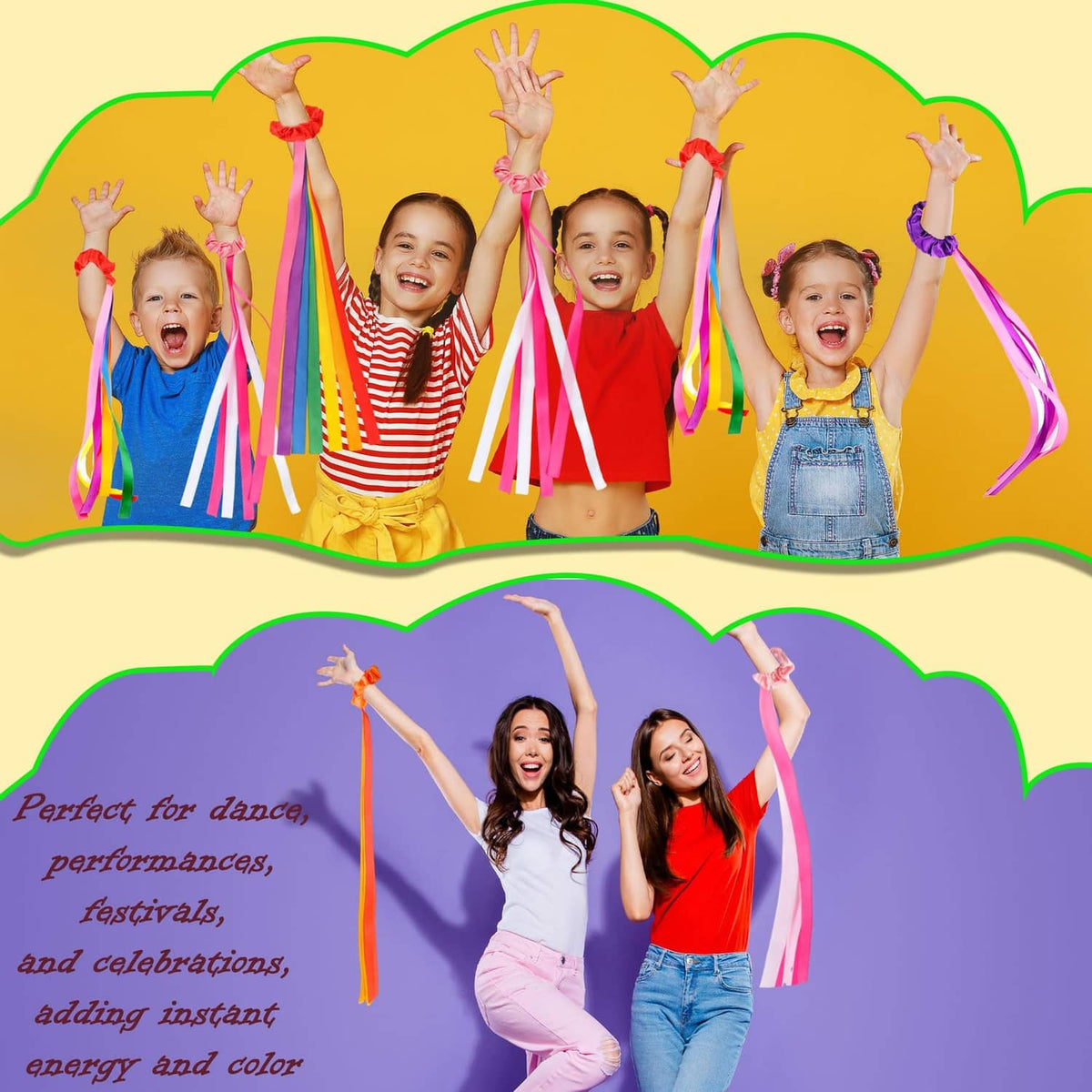 Rainbow ribbon streamer set, children holding multicolor ribbon rosettes and streamers