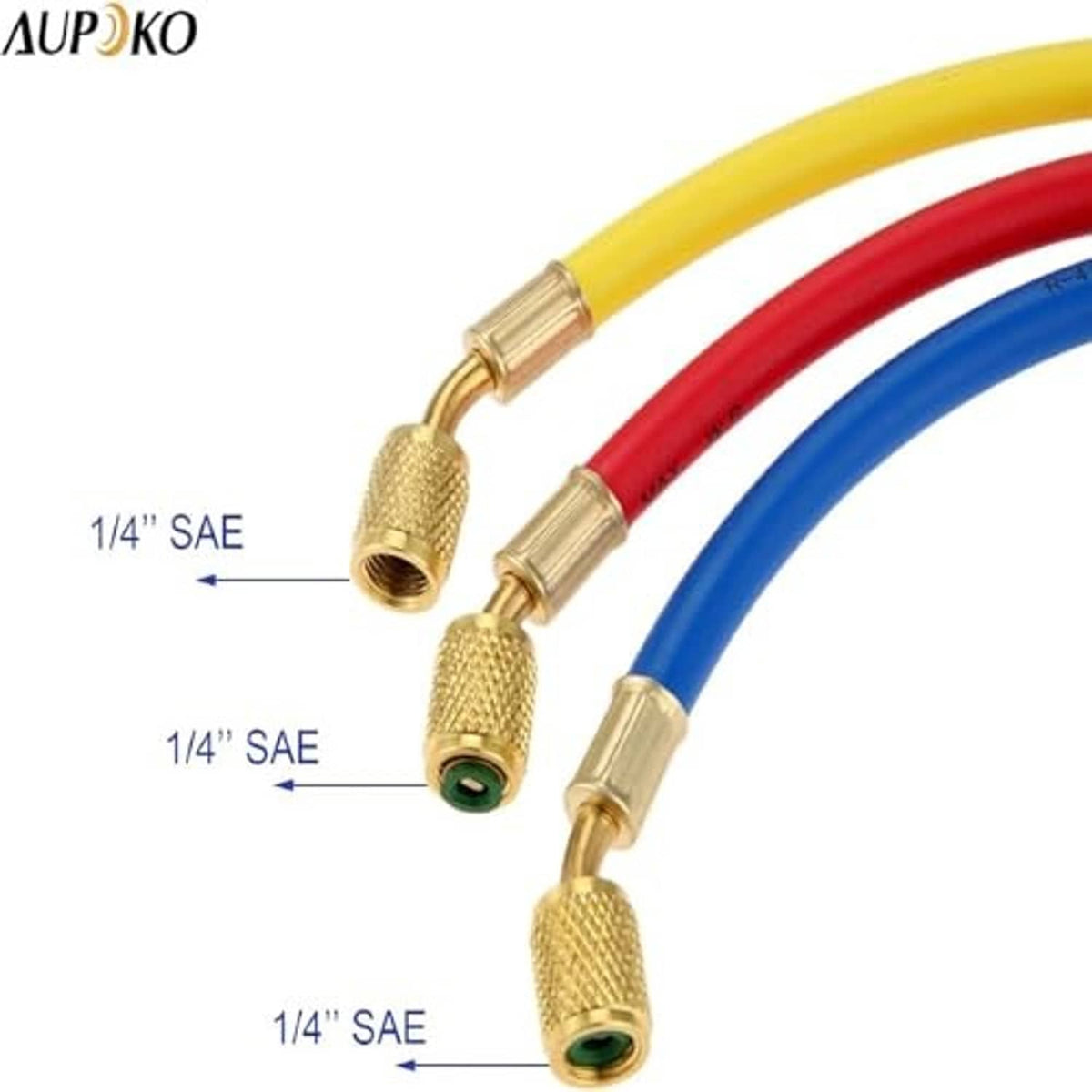 Brass 1/4 in SAE hose fittings with green O-ring on red and blue hoses