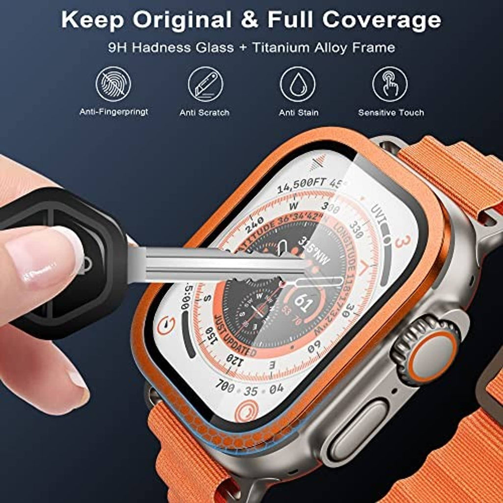 Orange and gray Apple Watch Ultra case with clear screen cover, close-up