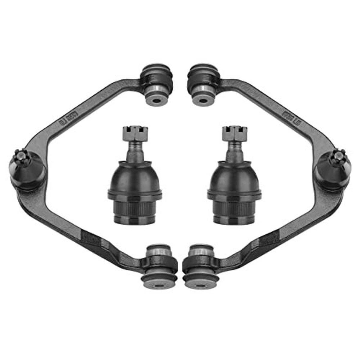 Front upper control arm set showing two arms with ball joints and upper bushings
