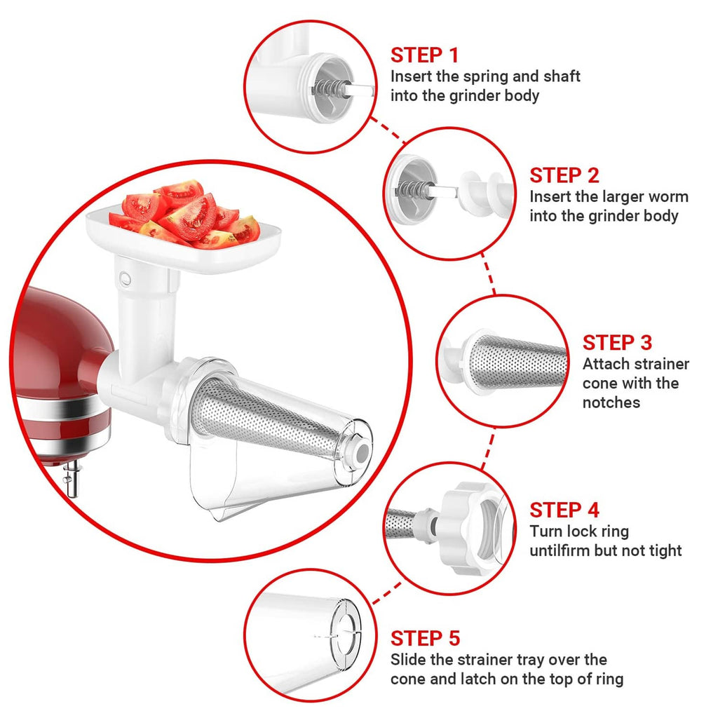 White strainer attachment installation diagram showing mesh screen and locking ring