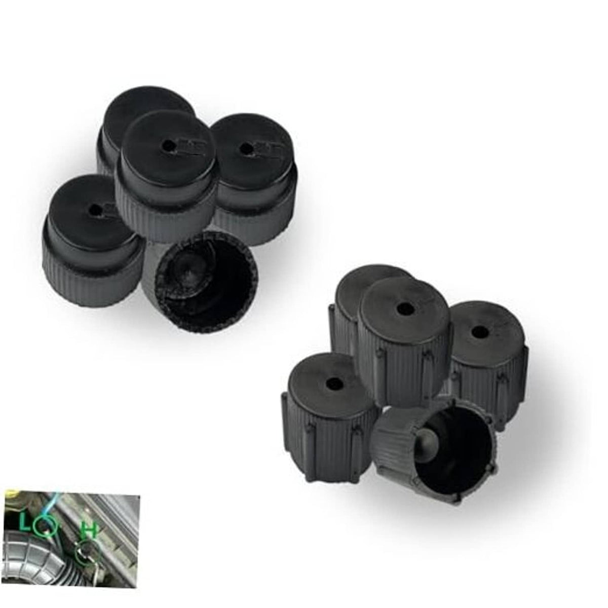 Set of black ribbed air conditioning valve caps with central holes and open ends
