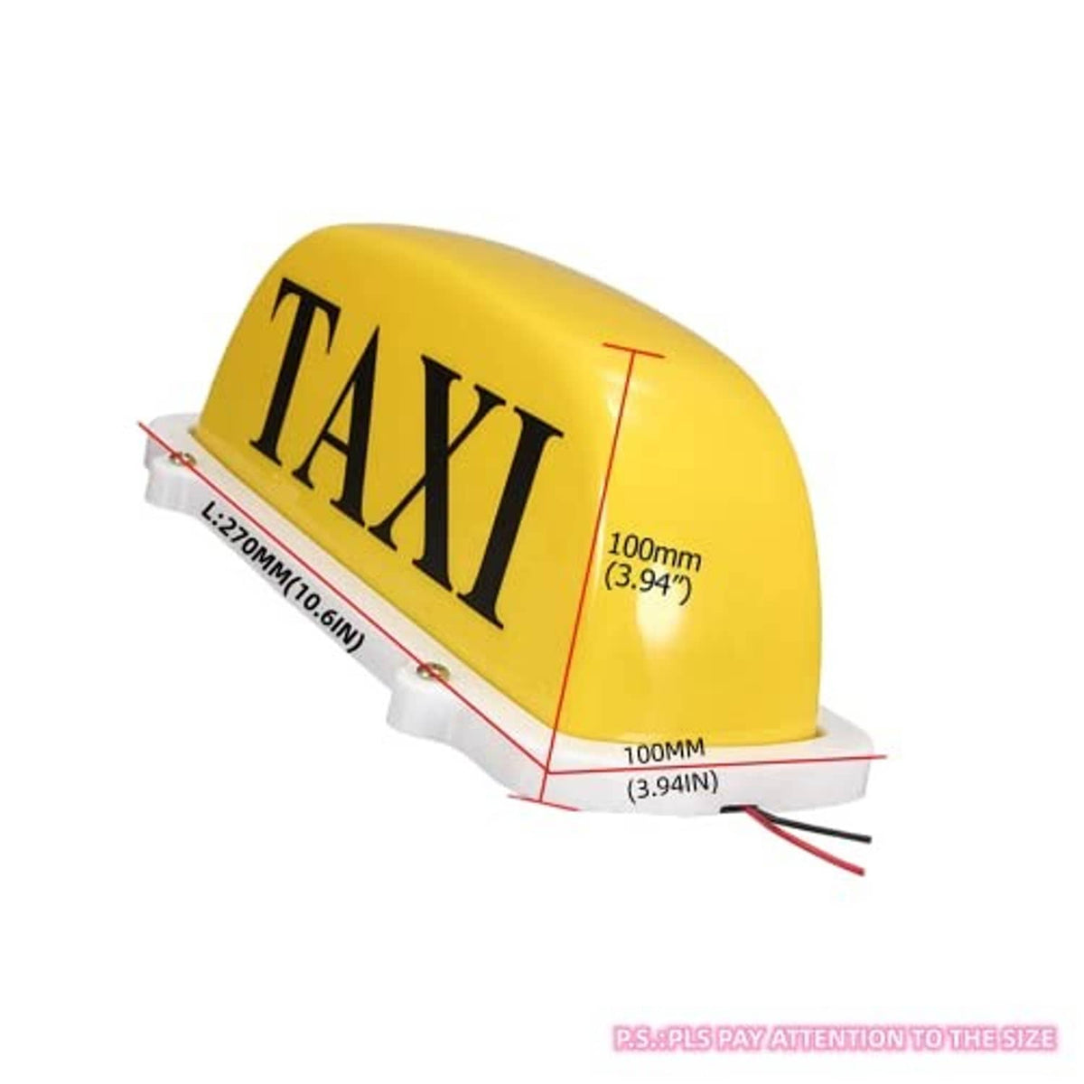 Yellow taxi roof light topper with "TAXI" lettering and red wire leads