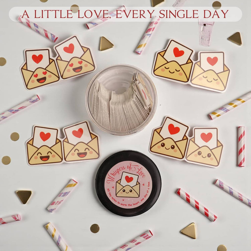 Open note jar with heart-themed card envelopes featuring cute cartoon faces