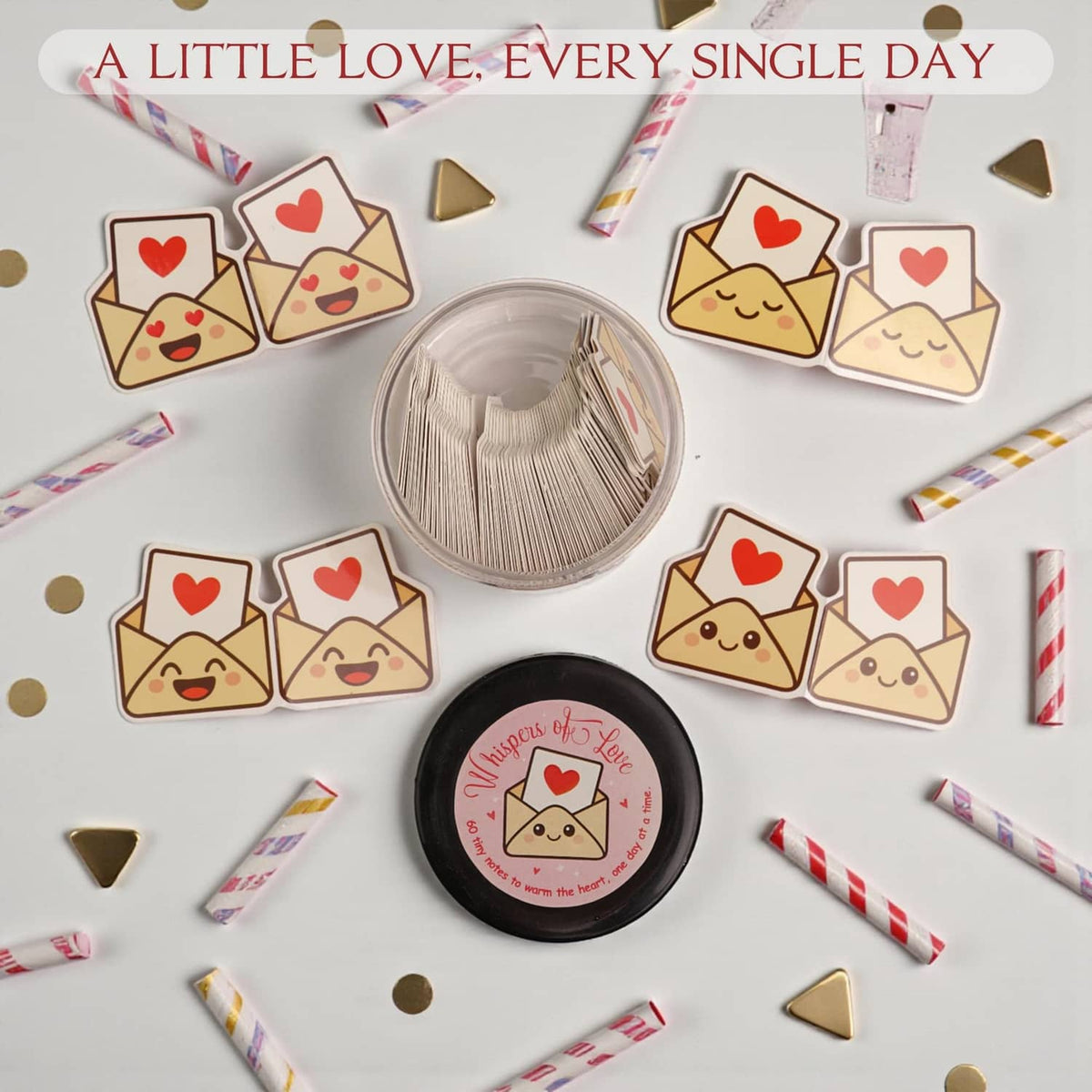 Open note jar with heart-themed card envelopes featuring cute cartoon faces