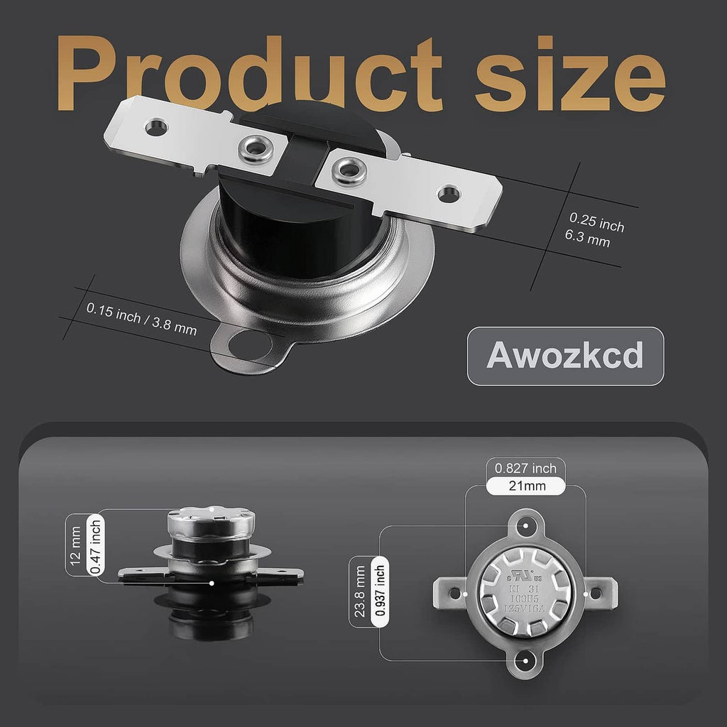 Thermal switch size diagram with front view and mounting dimensions