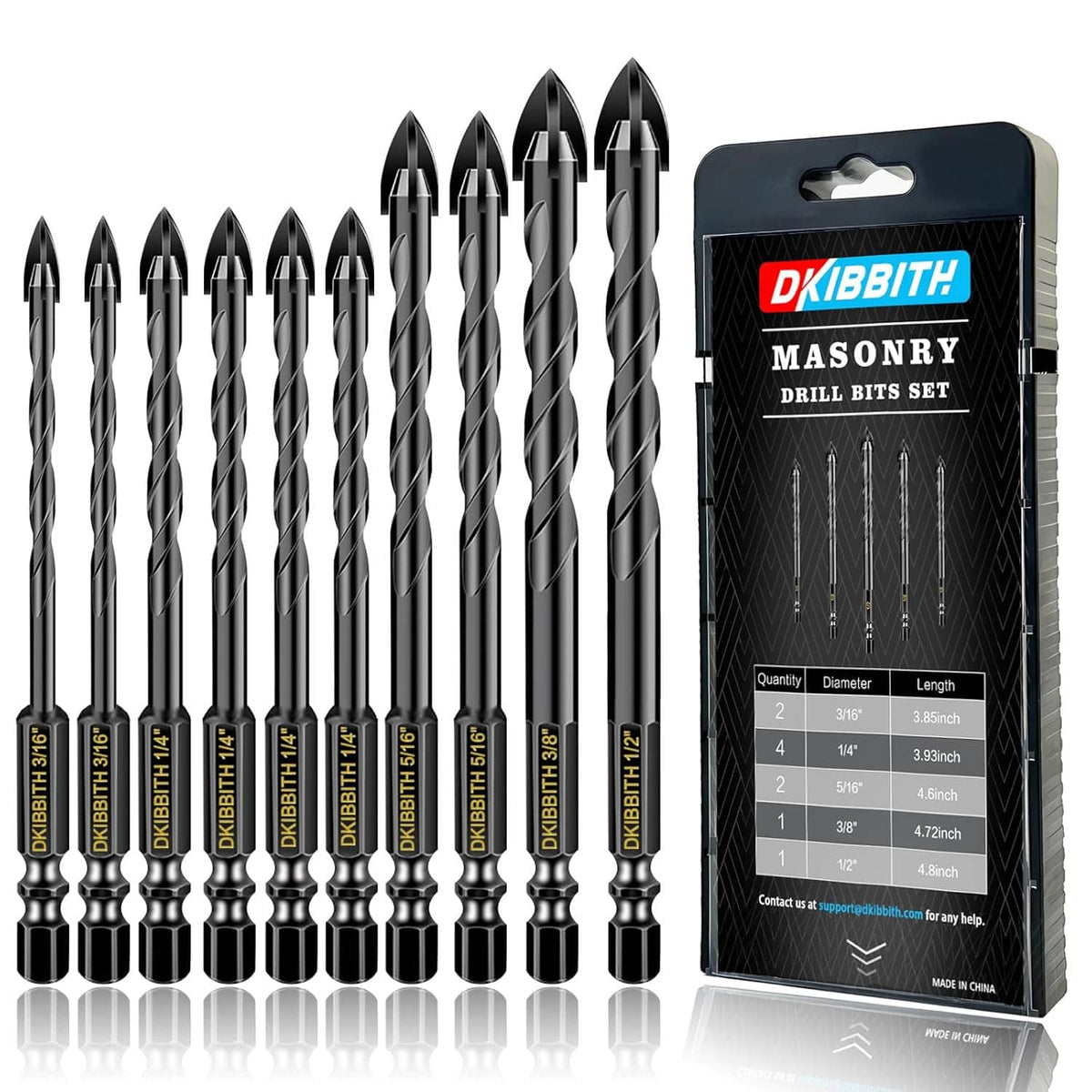 Multiple black masonry drill bits with packaged card display