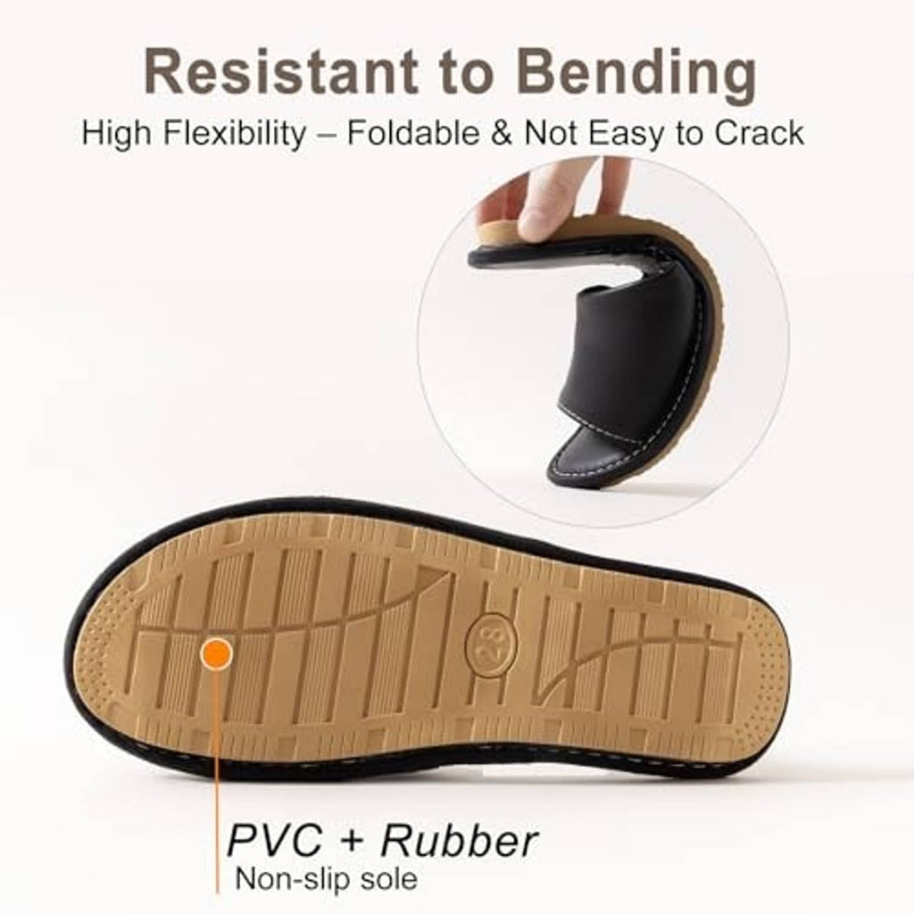 Black slide sandal outsole with tan non-slip tread and rubber sole.