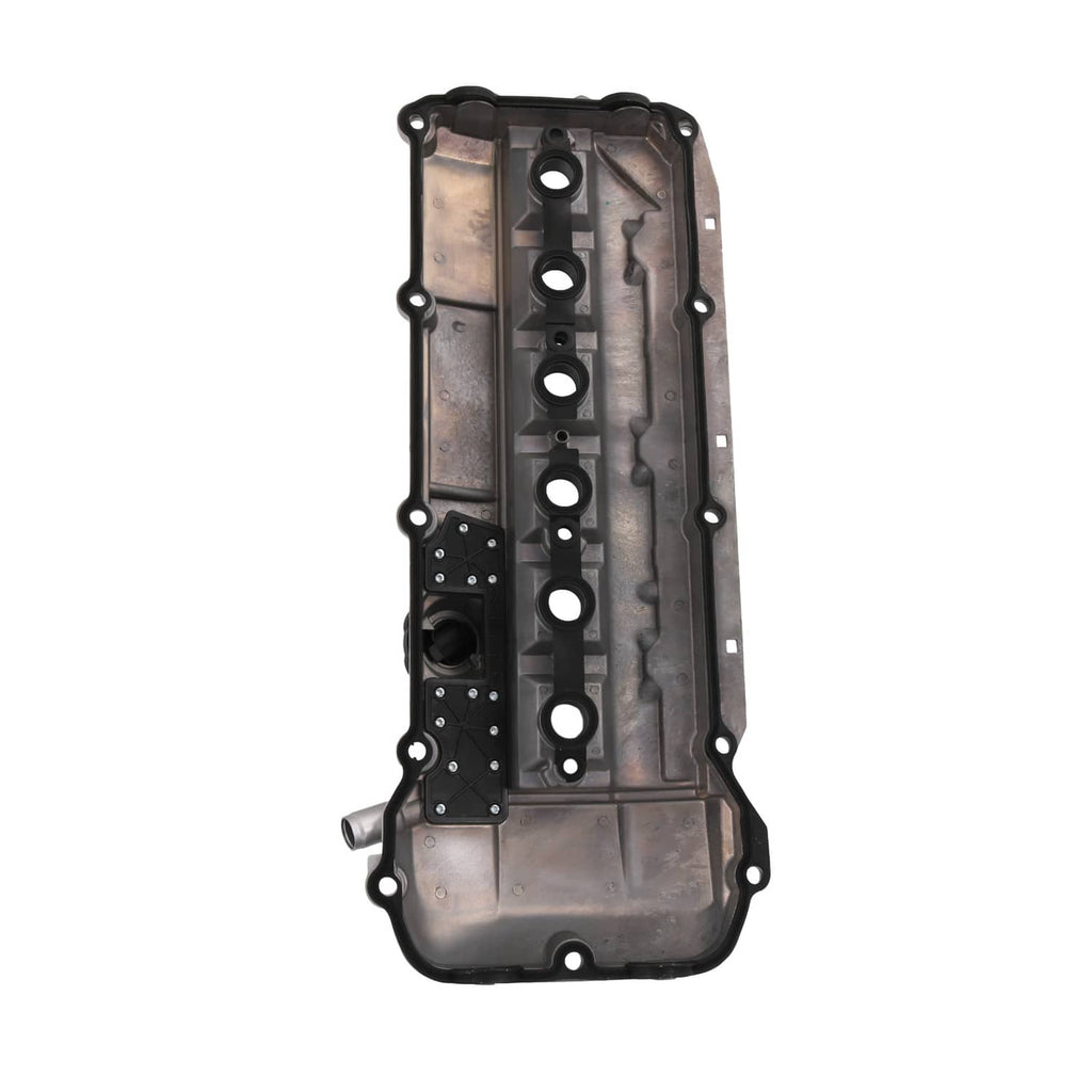 Underside of black valve cover with gasket surface, bolt holes, and mounting points