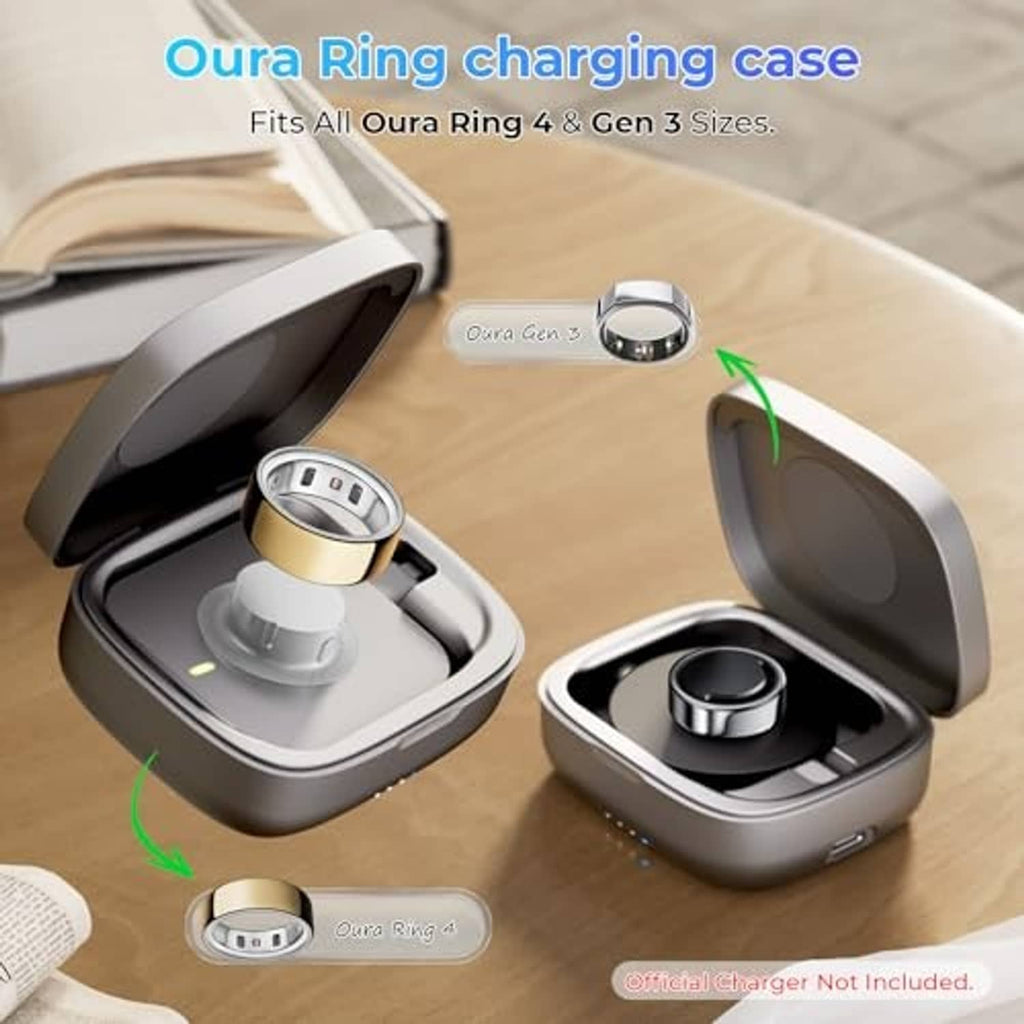 Oura Ring charging cases on table with open lid and ring charging cradle