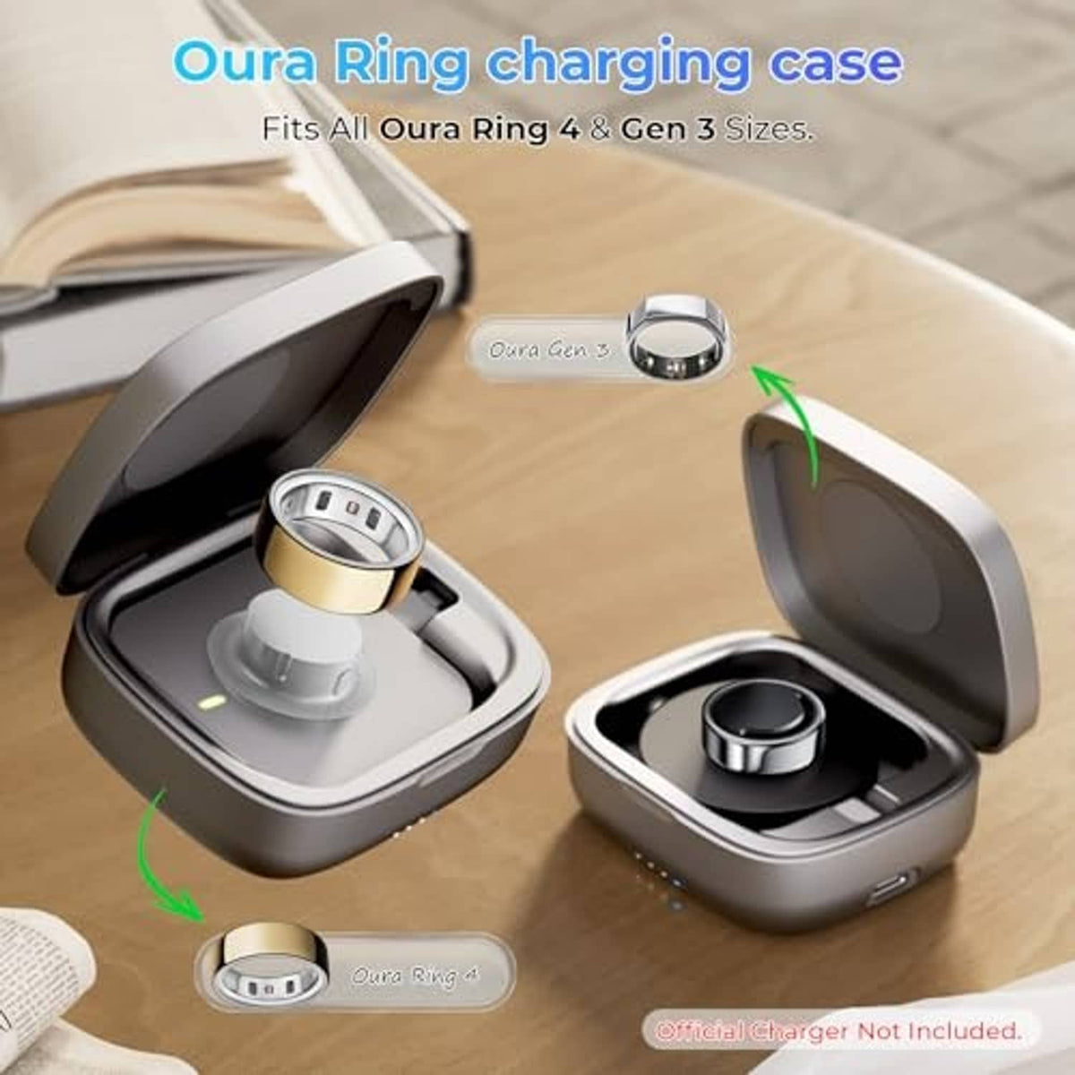 Oura Ring charging cases on table with open lid and ring charging cradle