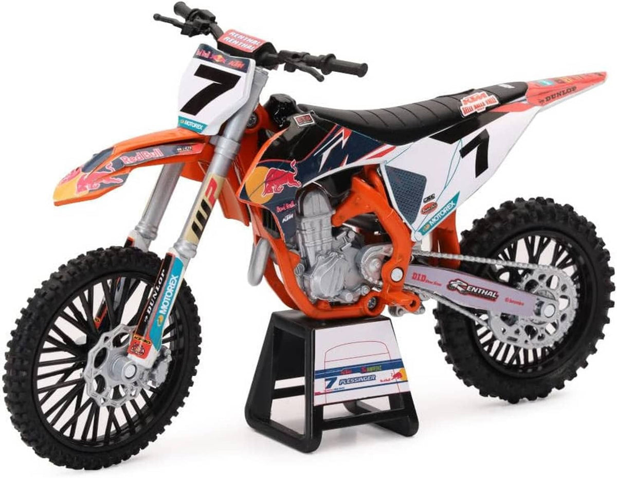 1:12 die-cast motorcycle model with orange side panels, black seat, silver engine, front brake
