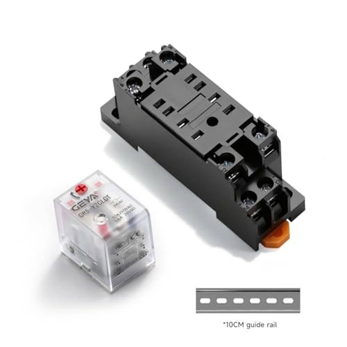 Black relay module with screw terminals plus two clear relay covers and mounting rail