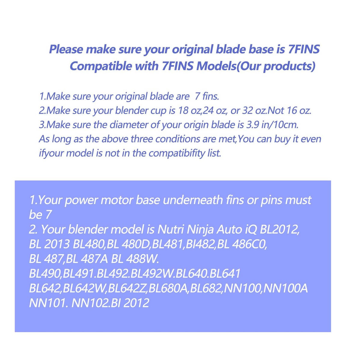 Compatibility information graphic for replacement 7-fin blender blade assembly