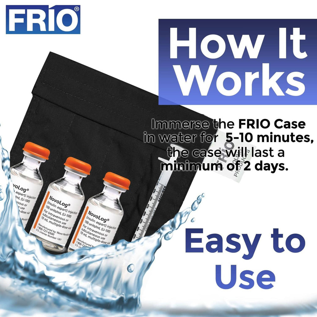 Black cooling wallet case with three medicine vials and FRIO logo