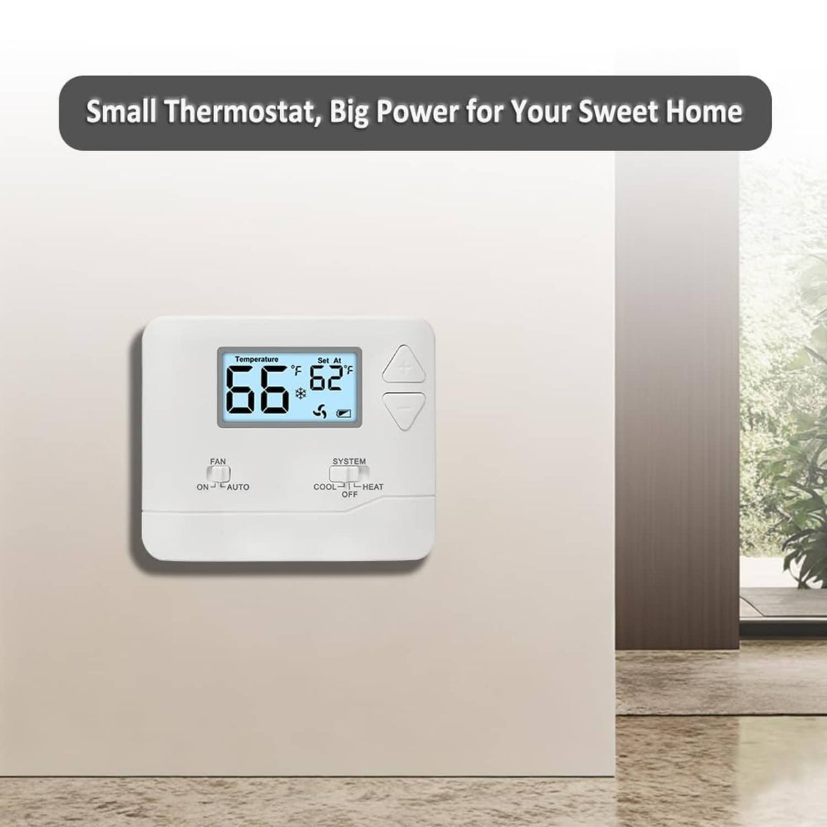 White wall thermostat with digital display in a compact rounded housing