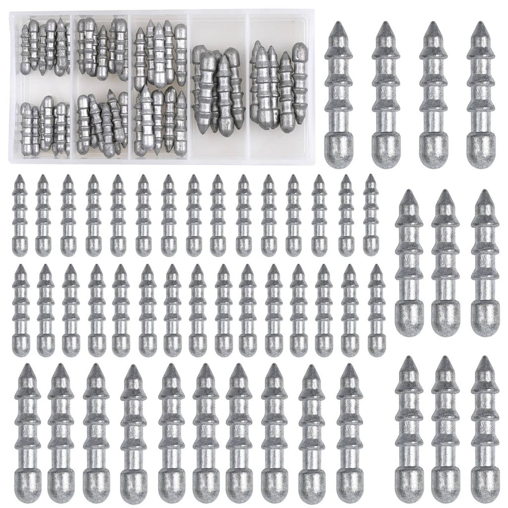 Assorted grey nail sinker weights with pointed ends, multiple pieces laid out.