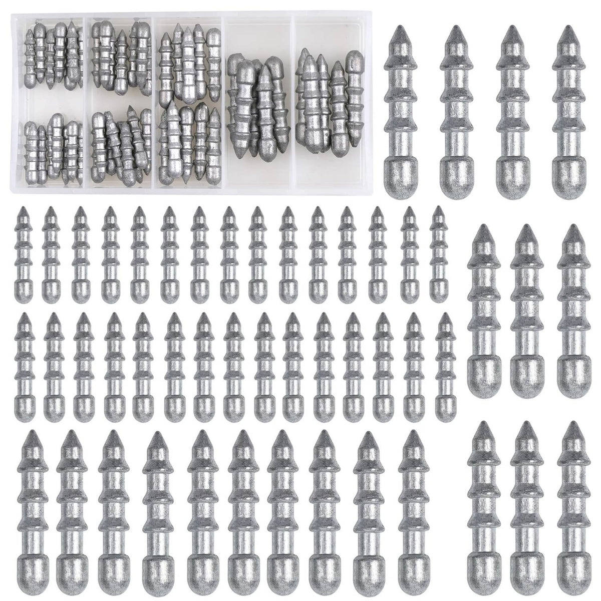 Assorted grey nail sinker weights with pointed ends, multiple pieces laid out.