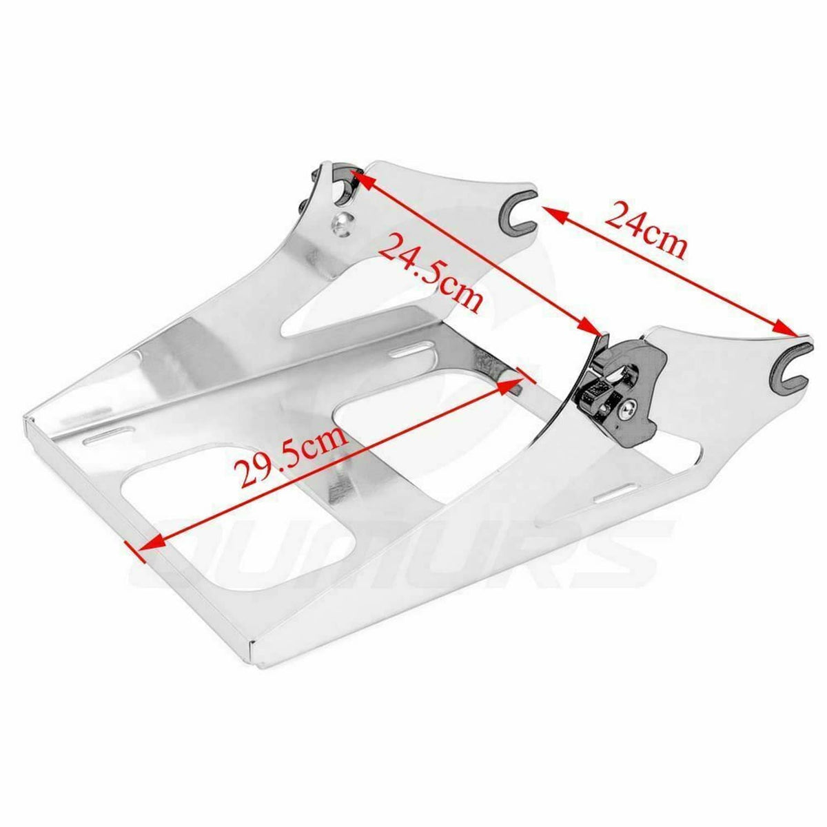 Silver rack bracket with measurement labels and adjustable black mounting latch