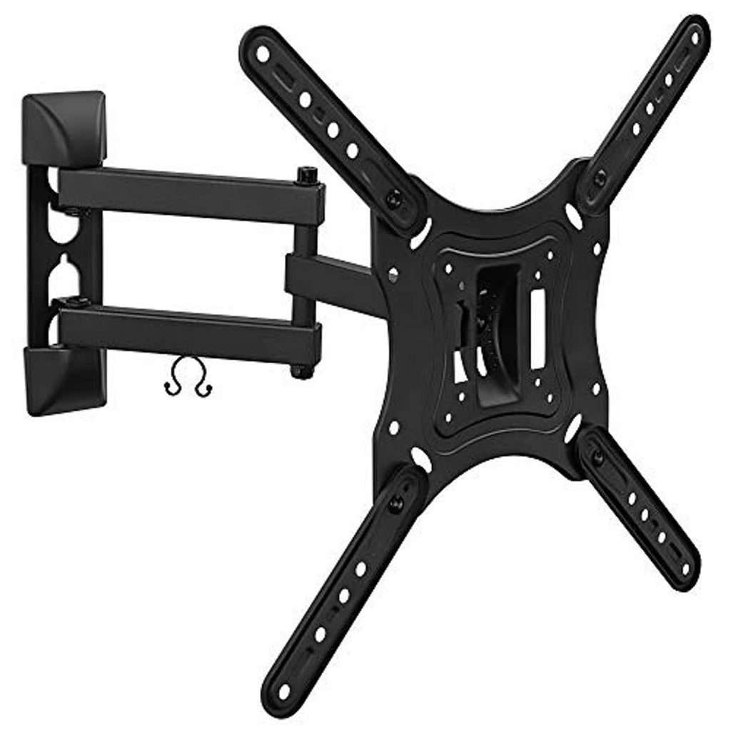 Black articulating TV wall mount showing central plate and extended support arms