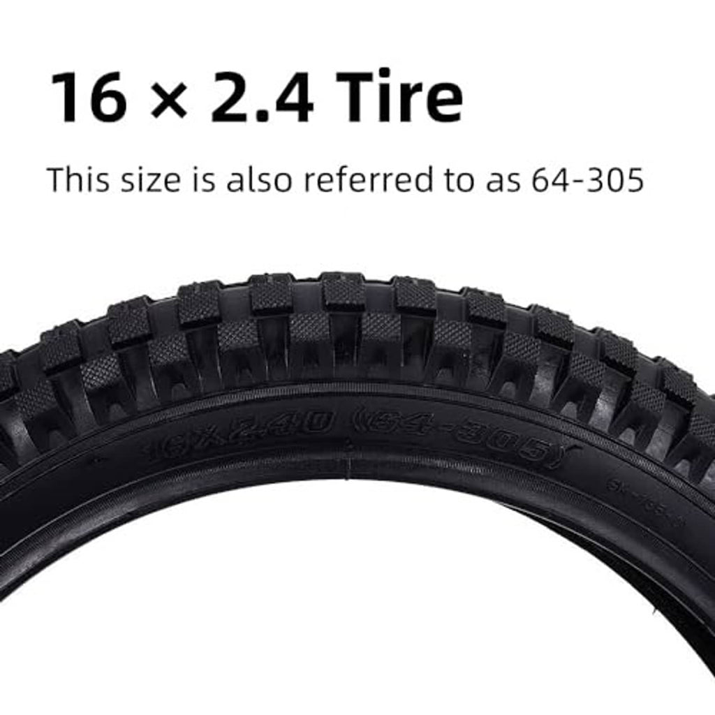 Black 16 x 2.4 bike tire with textured tread pattern along the sidewall