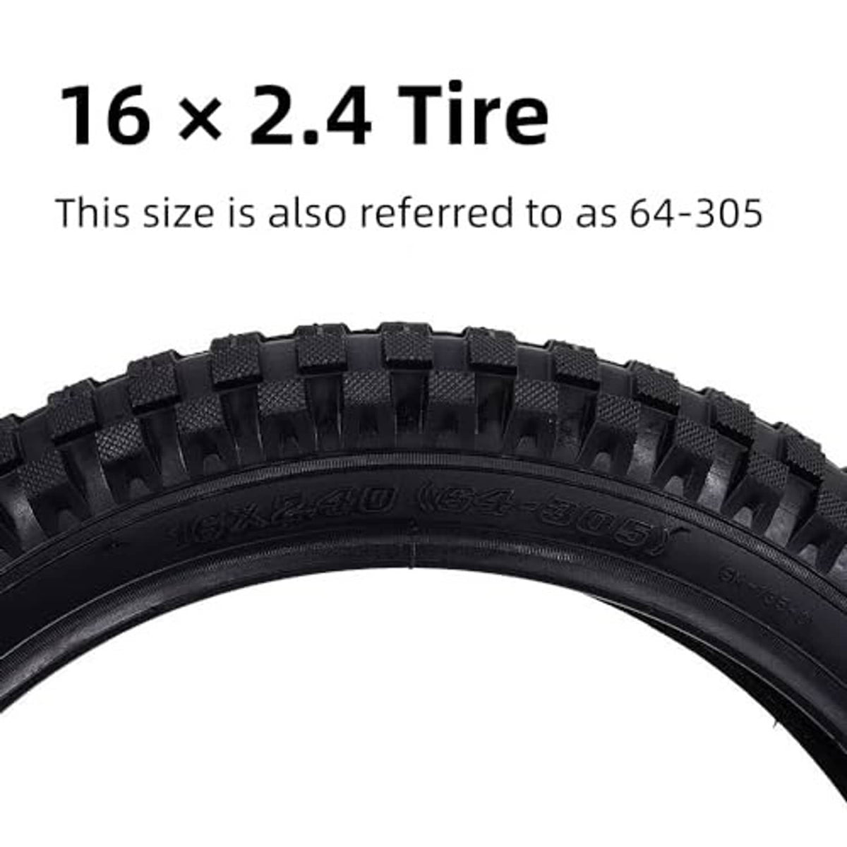 Black 16 x 2.4 bike tire with textured tread pattern along the sidewall