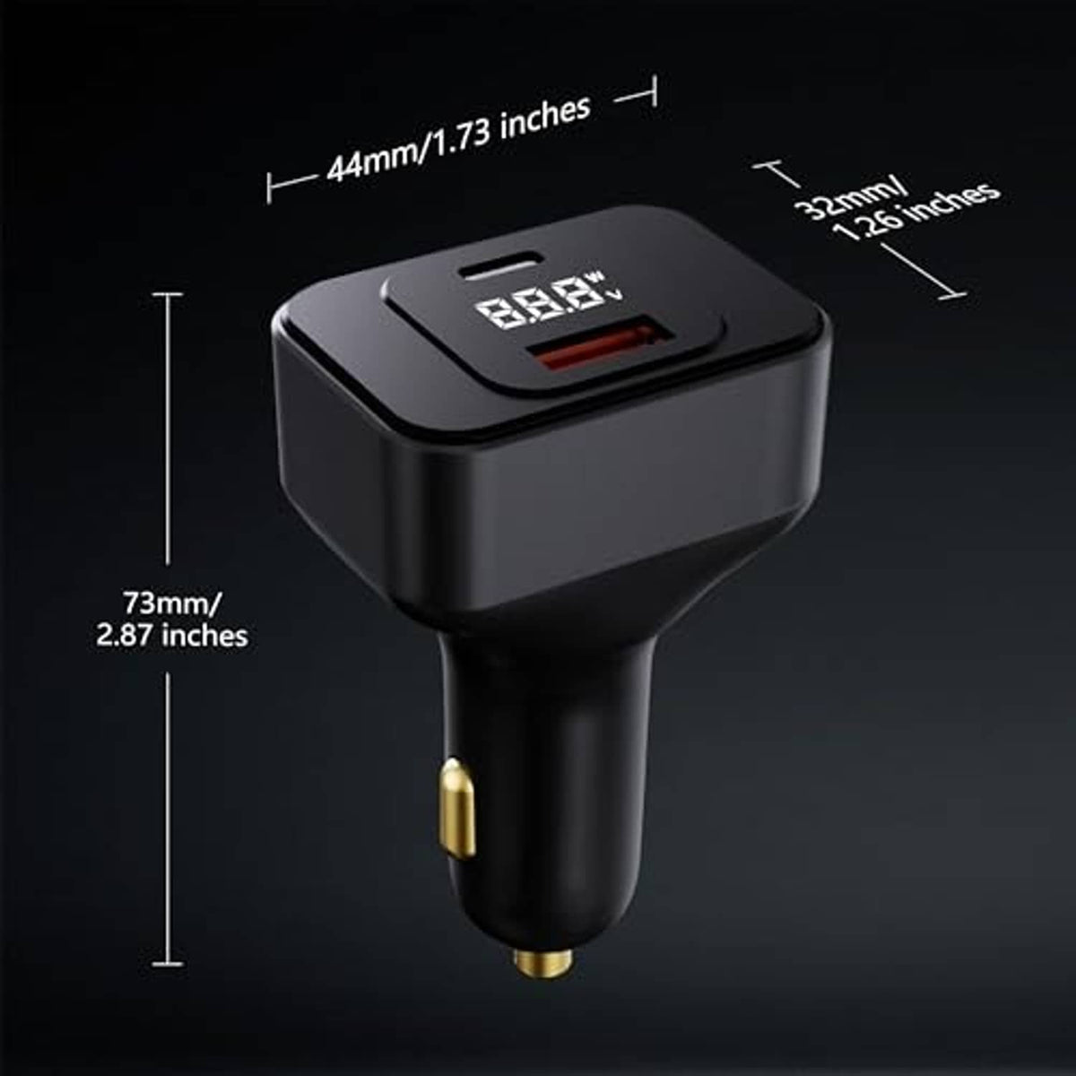 Compact black car charger with LED voltage readout and brass-style plug tip