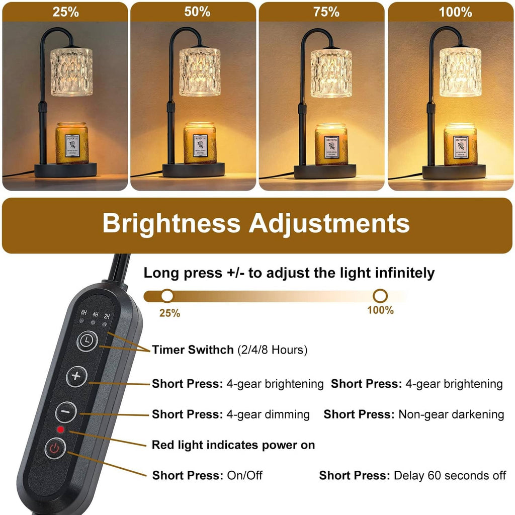 Candle warmer lamp with black brightness remote and clear glass shade over jar candle