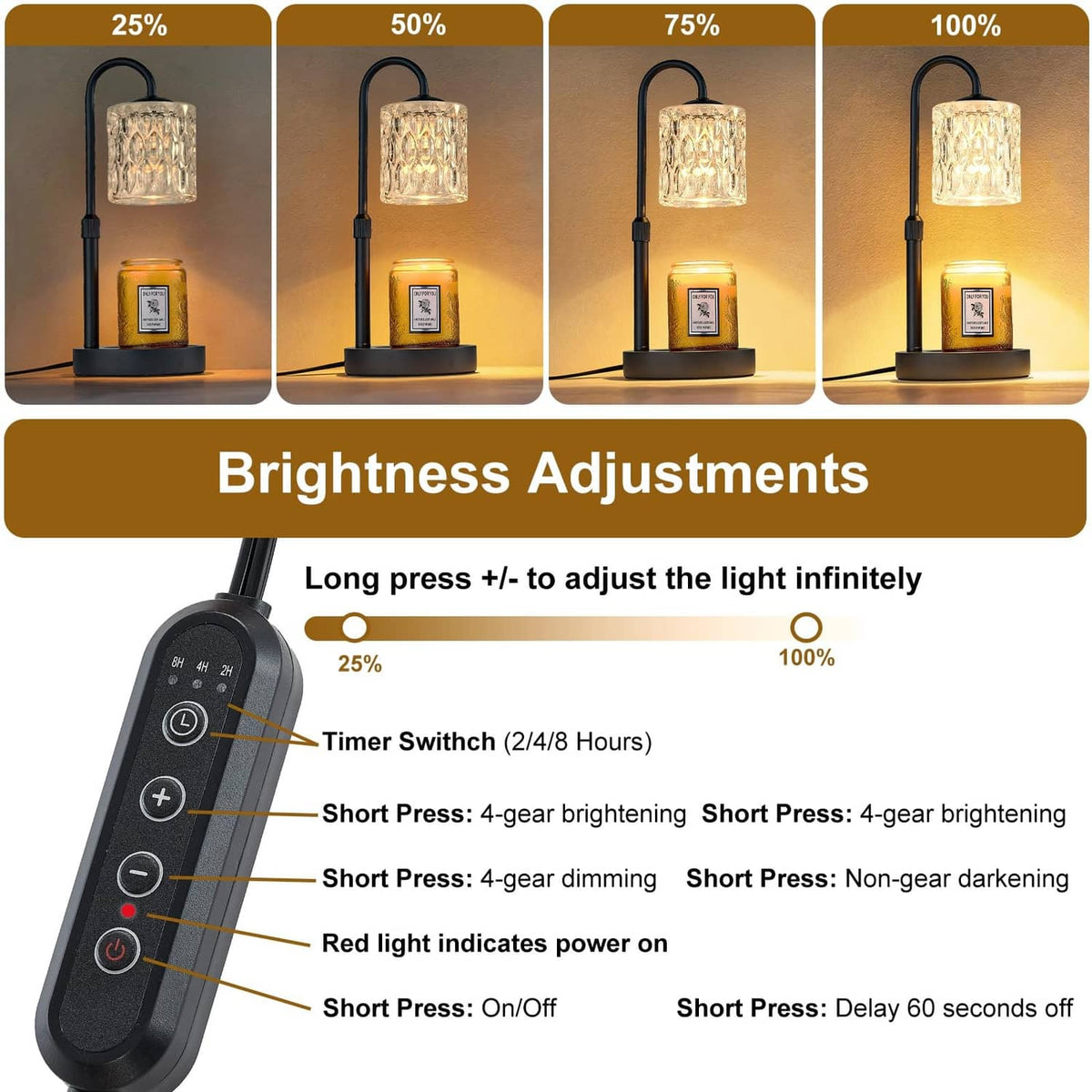 Candle warmer lamp with black brightness remote and clear glass shade over jar candle