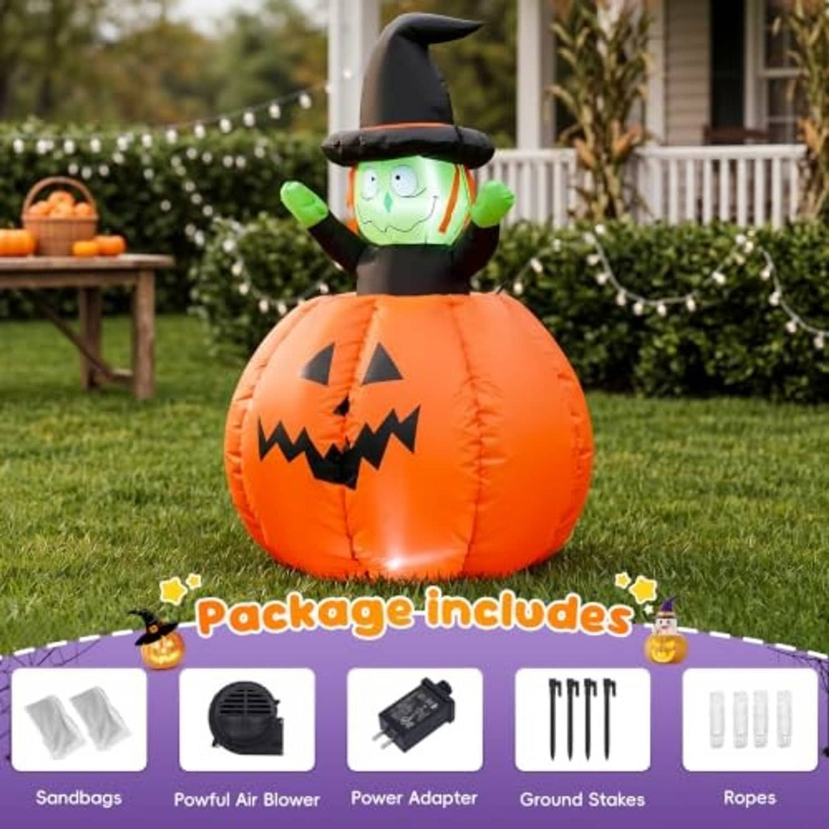 Halloween inflatable pumpkin witch decoration shown with package contents list and accessories
