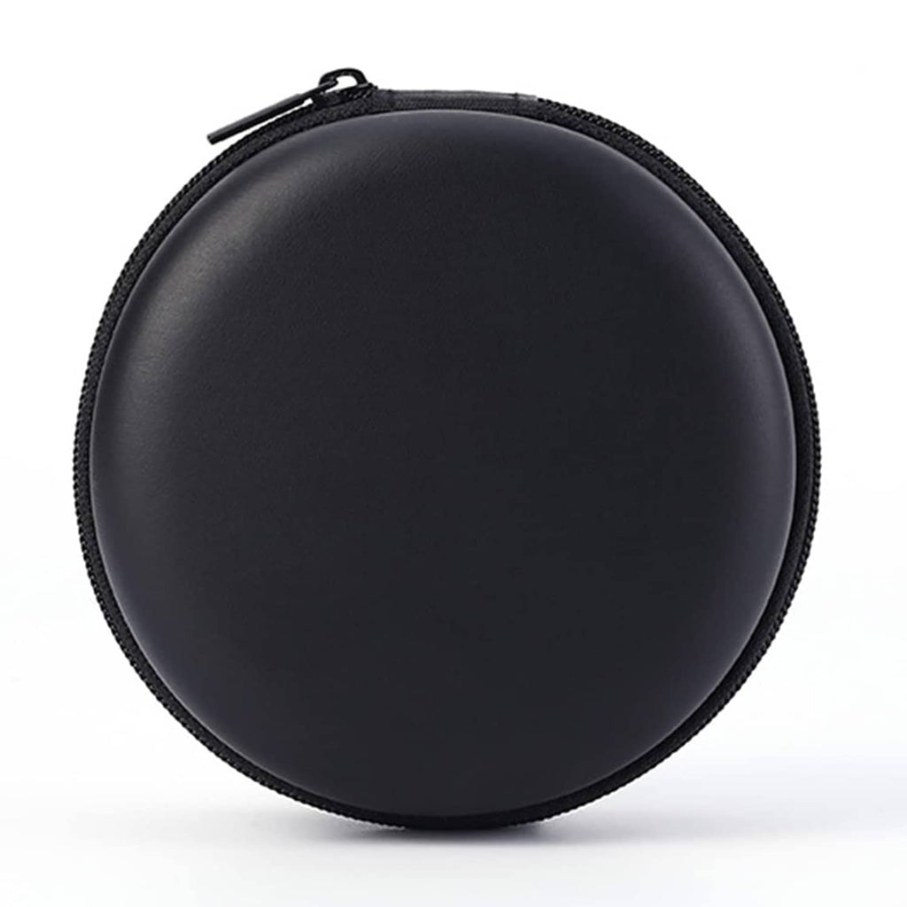 Black round hard-shell earphone case with textured finish and surrounding zipper