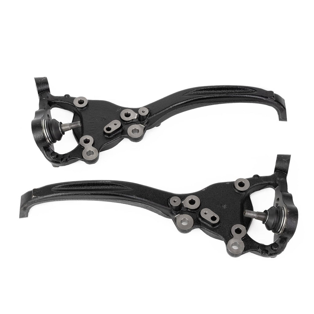 Pair of front steering knuckle assemblies with black arms and hub mounting studs