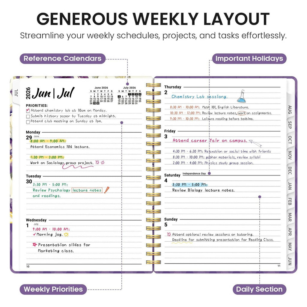 Open weekly layout planner spread with daily sections and holiday highlights