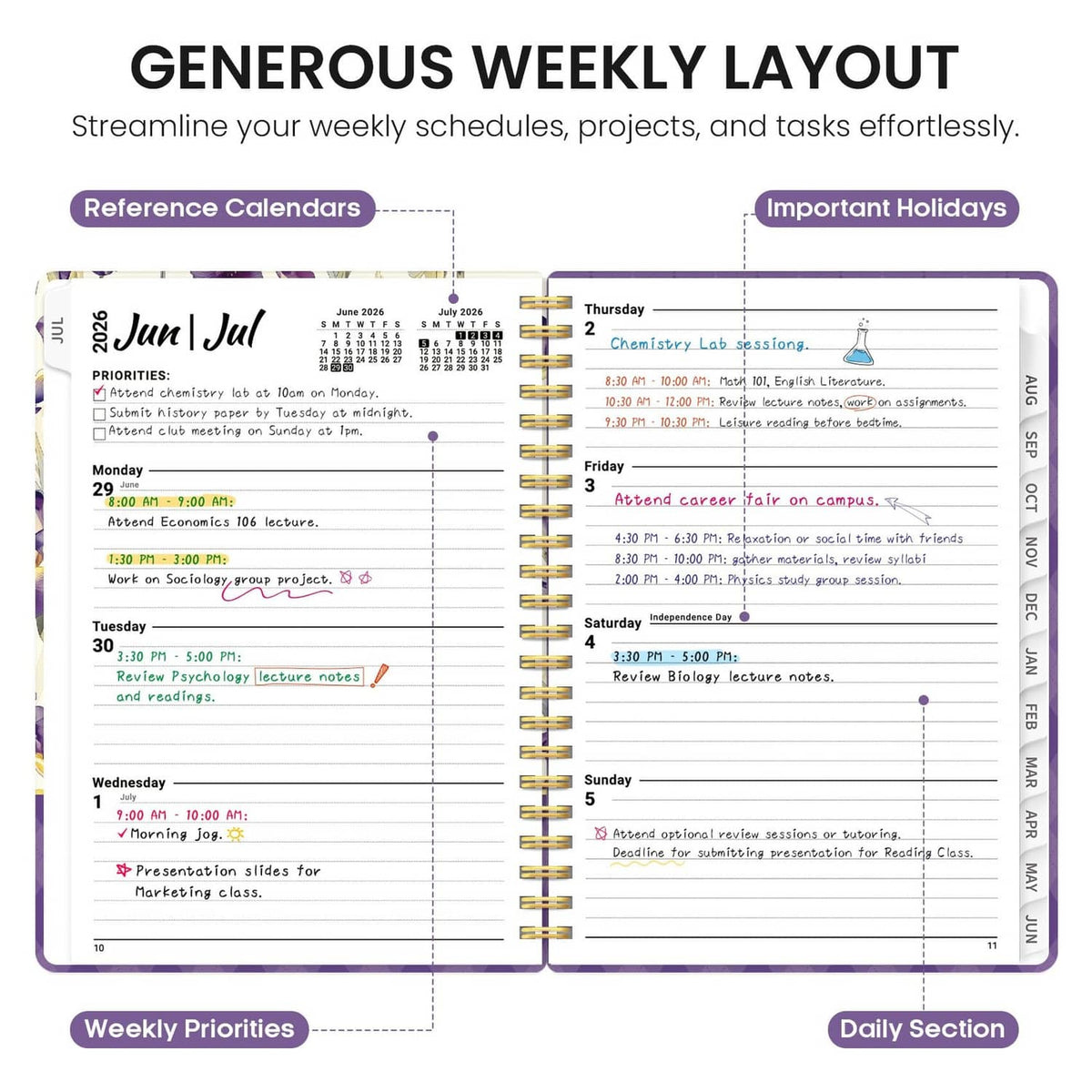Open weekly layout planner spread with daily sections and holiday highlights