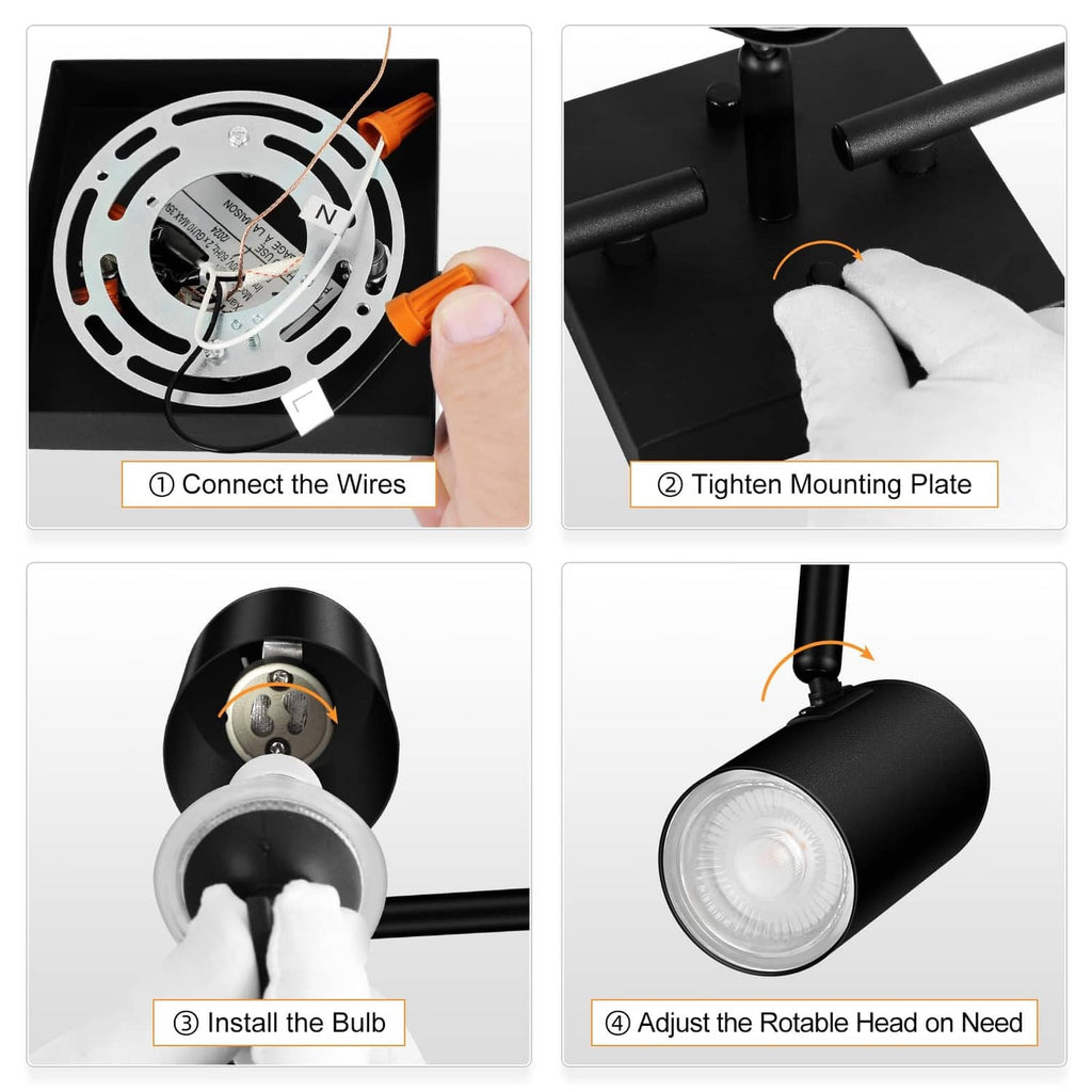 Black track lighting installation steps showing wiring, mounting plate, bulb, and head adjust