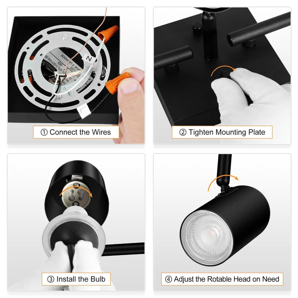 Black track lighting installation steps showing wiring, mounting plate, bulb, and head adjust