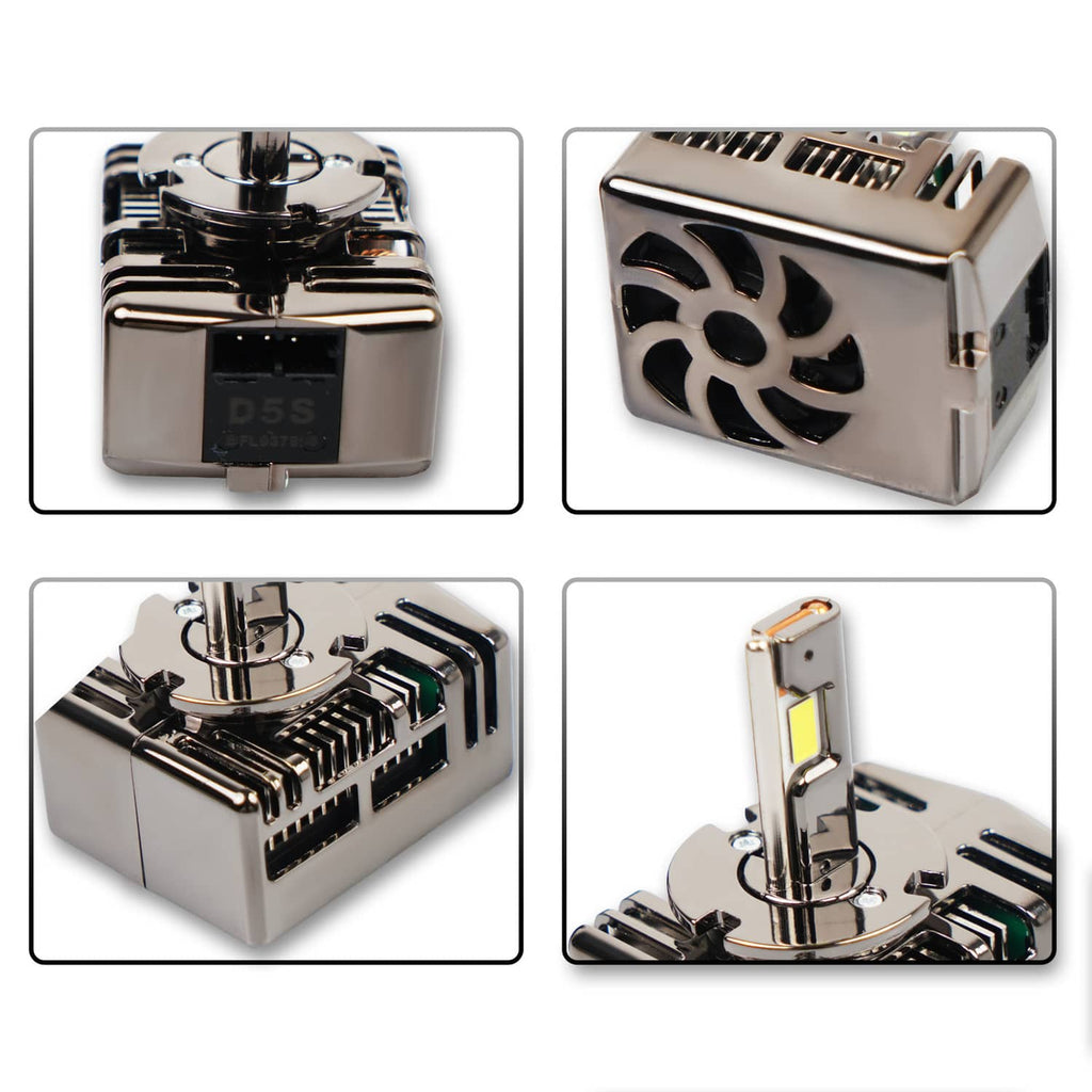 LED headlight bulb with silver base, black fins heatsink, and two-sided yellow LED modules